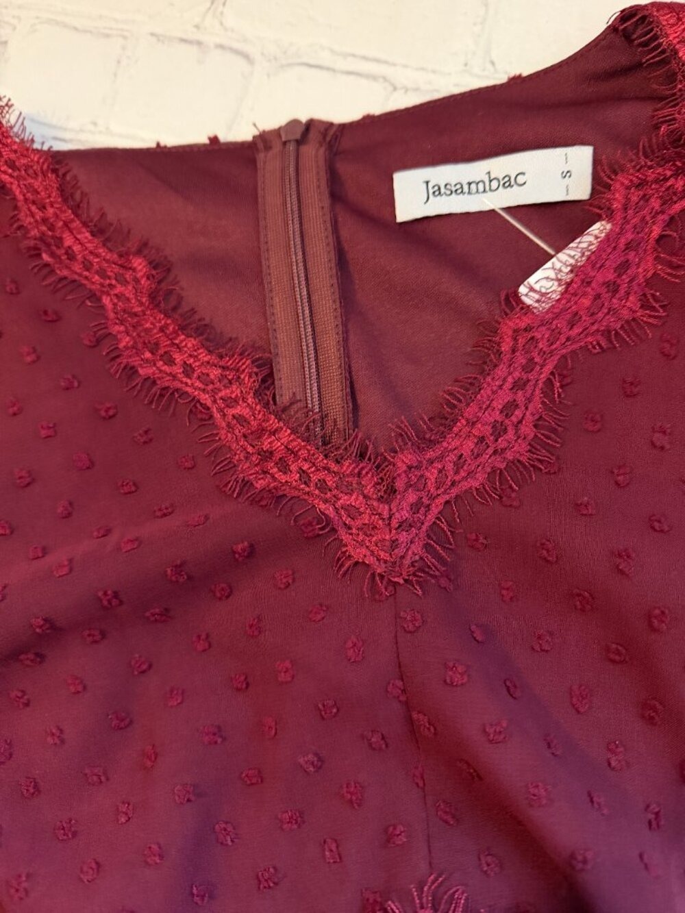 JASAMBAC Women's Swiss Dot Dark Red Dress Small NWOT - Picture 4 of 5
